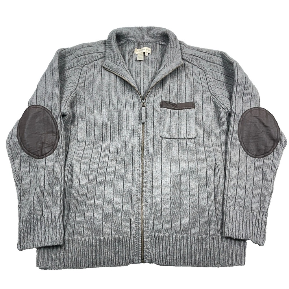 Territory‎ Ahead Sweater Men Large Tan Lambswool Full Zip Elbow Pads Cardigan